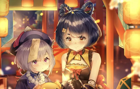 Girls, ears, Sparkler, Genshin Impact, Qiqi, Xiangling