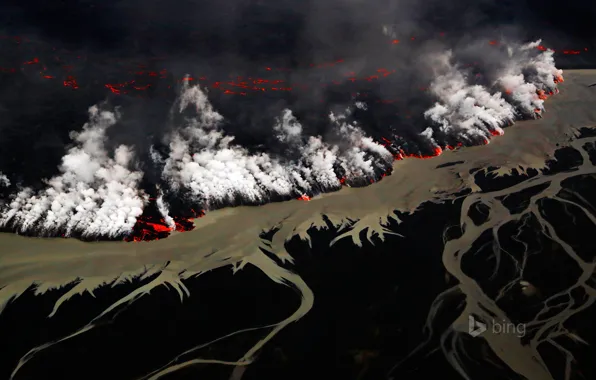Flame, smoke, the volcano, the eruption, lava, Iceland, Vatnajokull National Park, Holuhraun