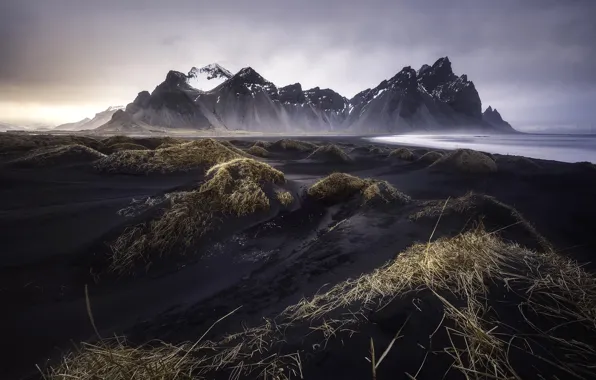 Beach, mountains, clouds, mountain, Iceland, black Sands