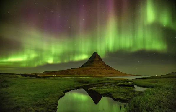 Stars, night, lights, mountain, the volcano, Iceland