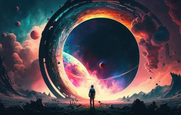 Grass, space, clouds, nebula, people, planet, the gates, astronaut