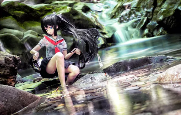 Girl, river, hair, shoes, doll, Asian