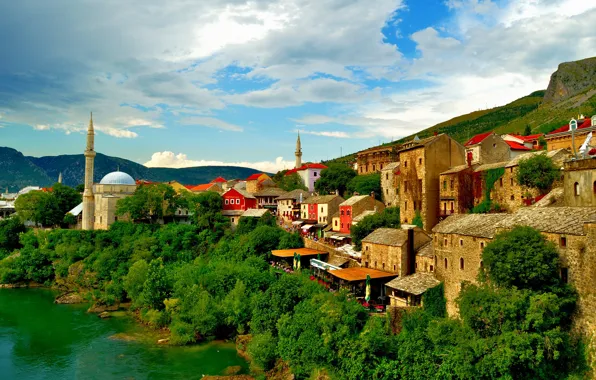 Picture building, home, mosque, Bosnia and Herzegovina, Mostar, the Neretva river, Mostar, Neretva River