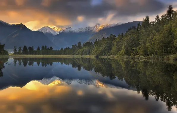 Forest, landscape, sunset, mountains, nature, lake, reflection, New Zealand