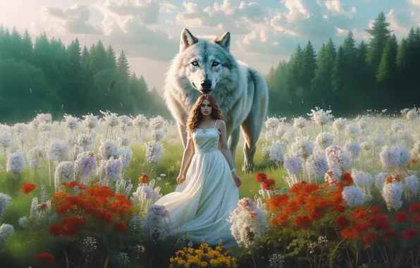 Forest, animals, girl, landscape, flowers, nature, girls, wolf