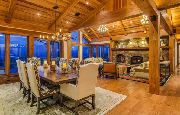 Design, interior, oven, fireplace, living room, dining room, Rustically refined wood house, exquisite wooden house …