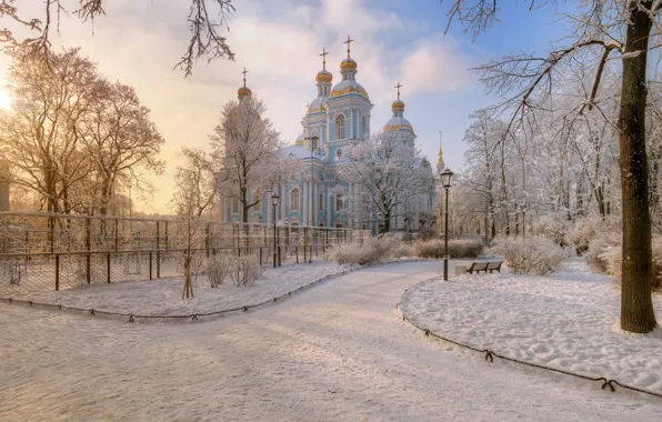 Wallpaper Church, nature, bench, Saint Petersburg, trees, Eduard Gordeev, St. Nicholas Epiphany Cathedral, dawn