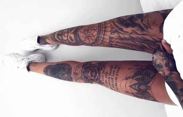 Tattoo, slender legs, white sneakers, tattoos on the arm, tattoos on the legs