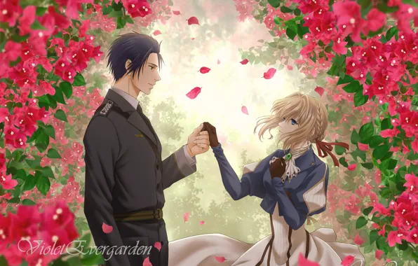 Girl, flowers, male, form, Violet Evergarden, Gilbert Bougainvillea