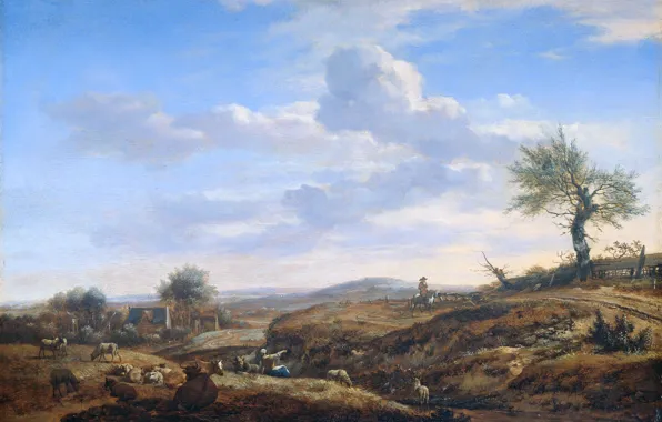 Trees, oil, picture, Adriaen van de Velde, Hilly Landscape with a Great way