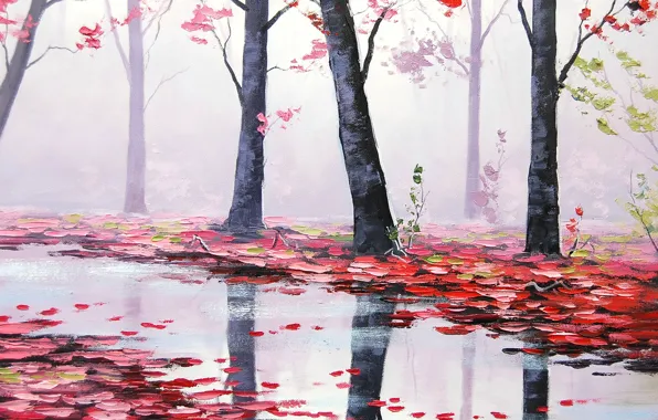 Autumn, leaves, trees, nature, river, art, red, river