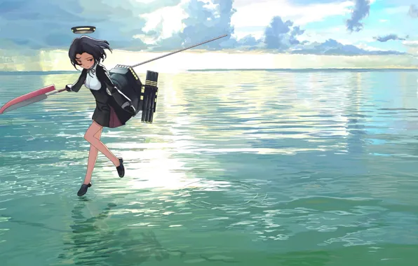 The sky, water, girl, clouds, weapons, the ocean, anime, art