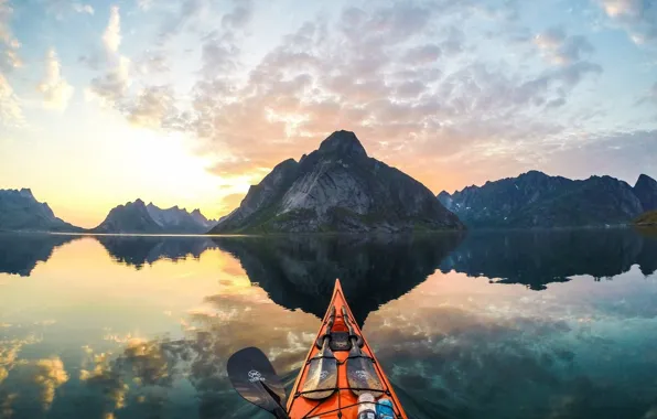 Sea, mountains, reflection, water surface, kayak