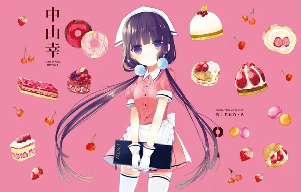 Stockings, strawberry, sweets, gloves, donuts, the waitress, solitaire, pink background