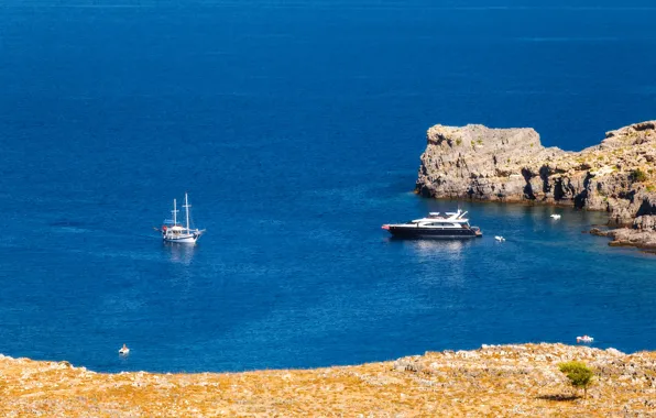 Picture sea, stones, rocks, shore, yacht, Greece, Rhodes Island