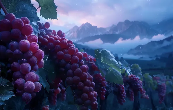 Leaves, drops, mountains, red, fog, tops, grapes, haze