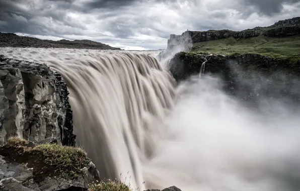 Picture clouds, rocks, waterfall, stream, Wallpaper