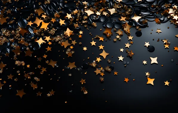 Stars, decoration, Shine, sequins, Christmas, New year, black background, gold plated
