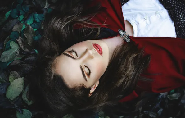 Leaves, girl, style, the dark background, glade, sleep, makeup, sleeping