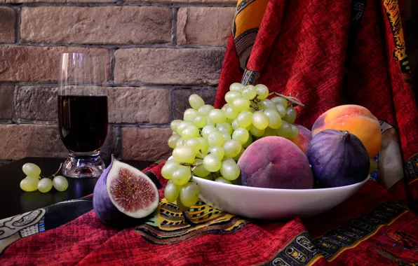 Colorful, plate, red, glass, white, wine, grapes, fruits