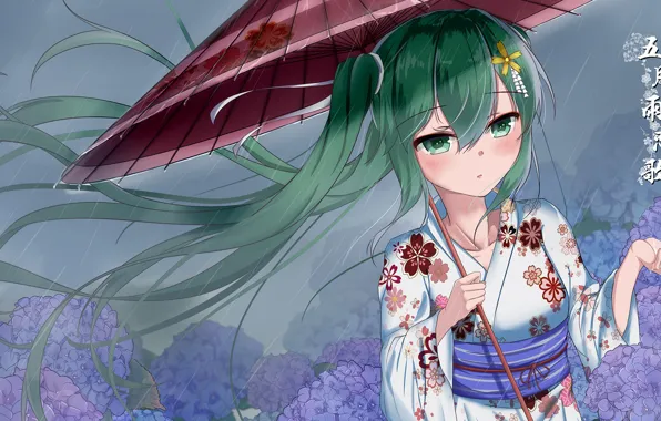 Girl, flowers, rain, hair, umbrella, Hatsune Miku, Vocaloid, Vocaloid