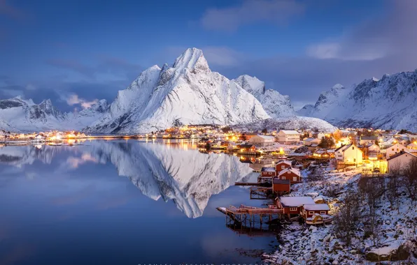 Winter, mountains, rocks, village, island, winter Paradise