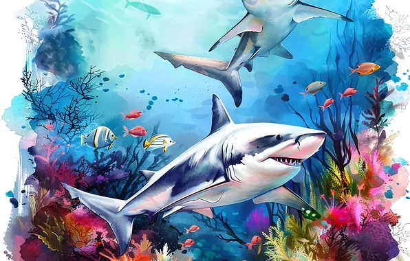 Fish, Two, Underwater world, Digital art, Sharks, Predators, Algae, Coral