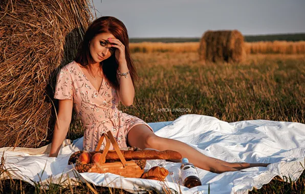 Picture field, girl, pose, hay, legs, picnic, Anton Kharisov, Kip