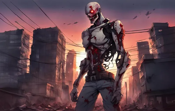 Apocalypse, monster, destruction, disaster, burning eyes, the ruins of the city, Android robot