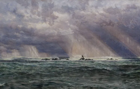 1873, John Brett, The storm at sea with a lighthouse
