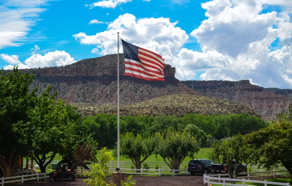 Trees, mountains, flag, America, USA, ranch, the flagpole