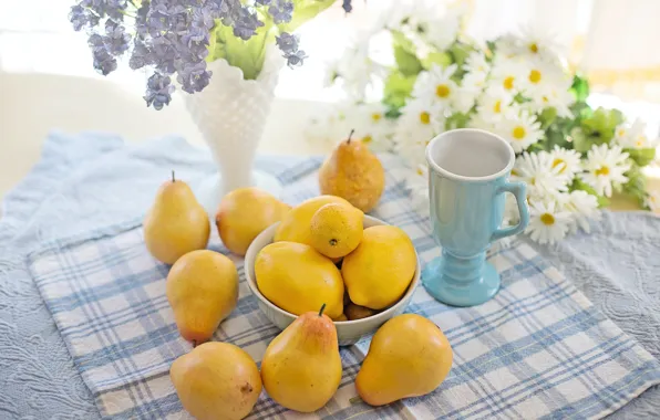 Cup, pear, lemons