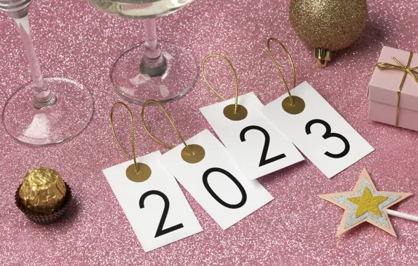 Gift, star, Shine, ball, glasses, figures, New year, gold plated