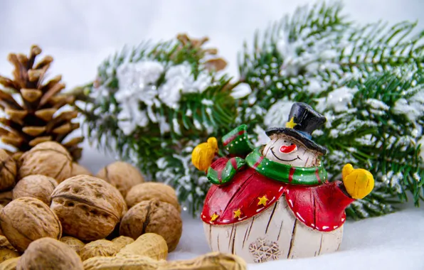 Winter, snow, branches, toy, hat, Christmas, New year, snowman