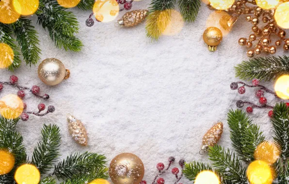 Snow, decoration, balls, tree, New Year, Christmas, Christmas, snow