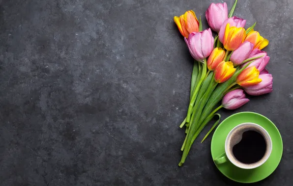 Flowers, bouquet, colorful, tulips, pink, flowers, tulips, coffee cup
