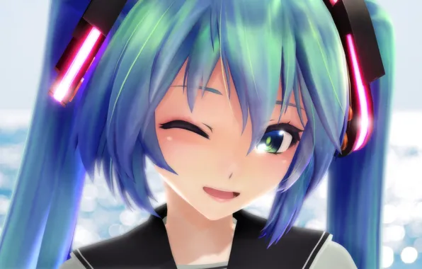 Girl, blue eyes, vocaloid, hatsune miku, Vocaloid, blue hair, tails, winks