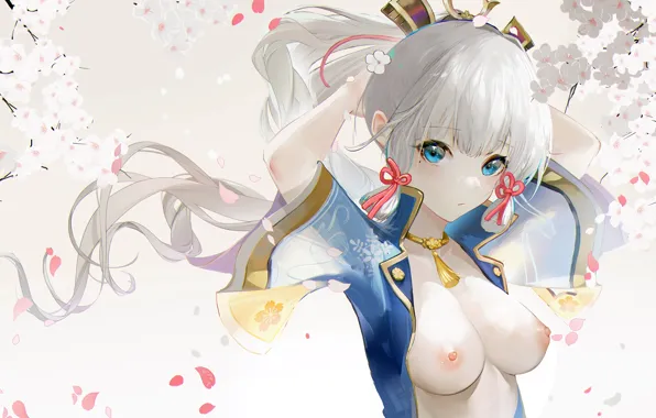 Girl, sexy, erect nipples, long hair, nipples, boobs, anime, flowers
