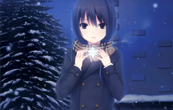 Winter, girl, snow, snowflakes, night, tree, home, anime