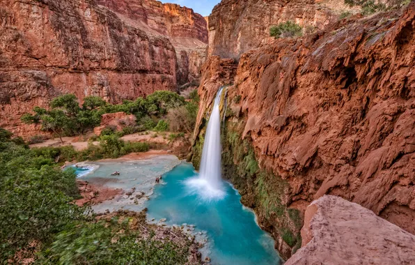 Rocks, waterfall, canyon, AZ, gorge, USA, reservation Havasupai, Havasu Falls