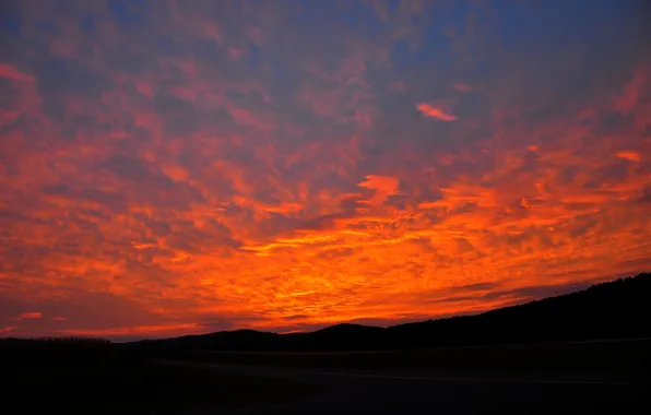 The sky, clouds, sunset, mountains, glow