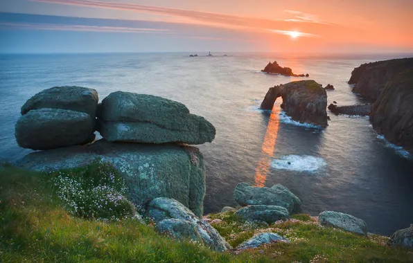 Sea, the sky, water, the sun, rays, light, nature, rock