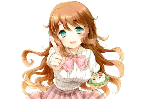 White background, schoolgirl, blue eyes, long hair, cream, cake, yummy, treat