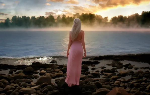 Picture girl, river, stones, shore, figure, dress