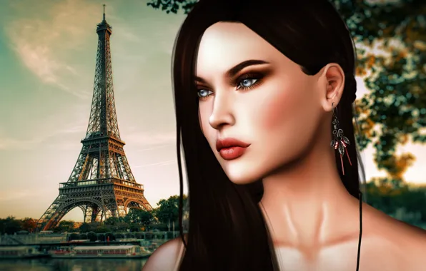 Girl, face, hair, tower, Paris, beauty