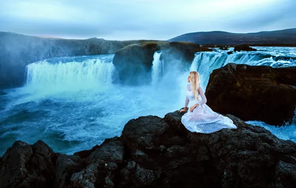 Picture girl, nature, waterfall, dress, sitting