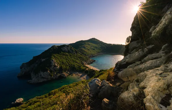 Picture sea, the sun, coast, morning, Greece, Corfu