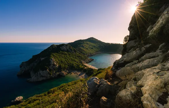 Sea, the sun, coast, morning, Greece, Corfu