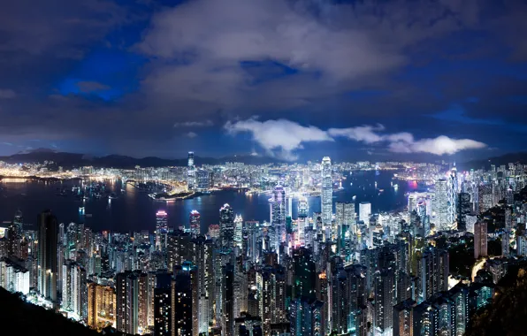 The sky, clouds, night, lights, view, height, Hong Kong, skyscrapers