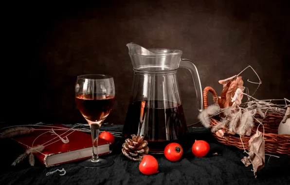 Glass, the dark background, table, wine, glass, book, pitcher, still life
